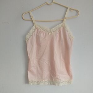 VTG UNDERCOVER WEAR Cami Top Womens S Pink Cream Ivory Lace Lingerie BowCoquette